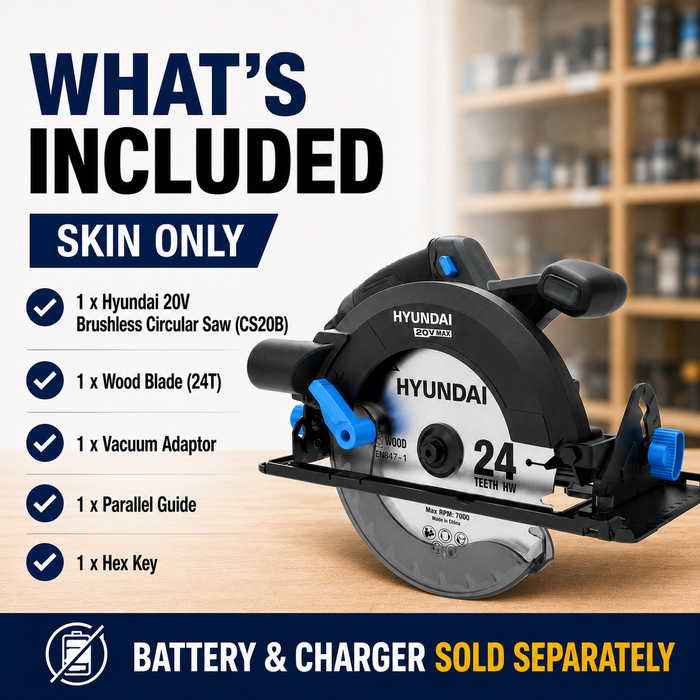 Hyundai 20V Brushless Circular Saw – 190mm Blade, 67.5mm Cut Depth - Skin Only