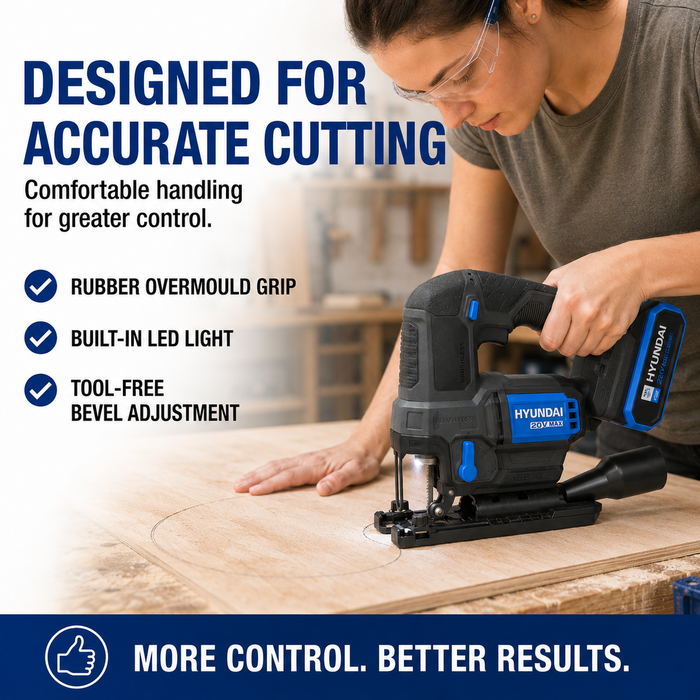Hyundai 20V Brushless Jig Saw Kit – Adjustable Base, 4-Stage Pendulum, LED, Variable Speed + 20V 2Ah Lithium-Ion Battery & Charger Kit