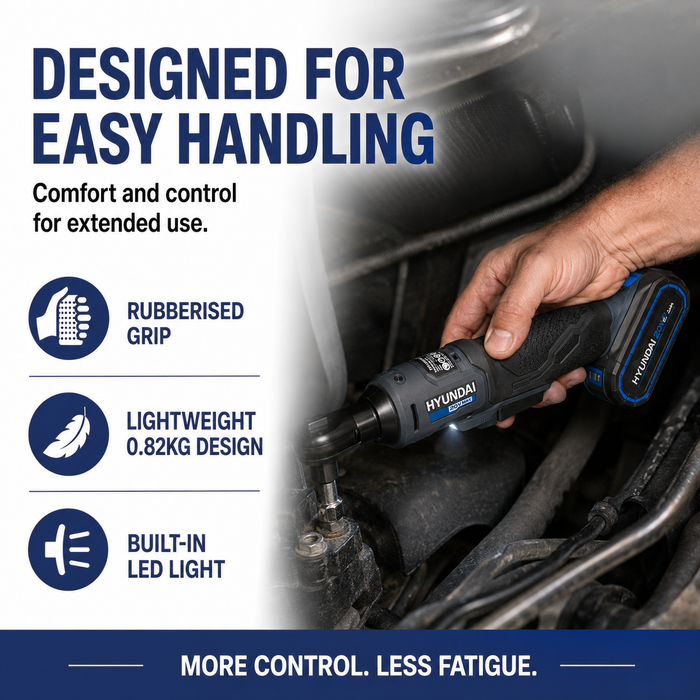 Hyundai 20V Cordless Ratchet Wrench Kit – 47Nm, LED, Compact Head, FWD/REV Switch + 20V 2Ah Lithium-Ion Battery & Charger Kit