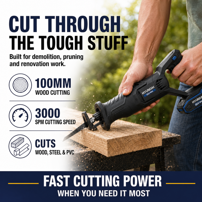 Hyundai 20V Cordless Reciprocating Saw Kit – 100mm Wood Cut, Tool-Free Blade Change, Variable Speed + 20V 2Ah Lithium-Ion Battery & Charger Kit
