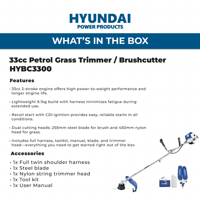 Hyundai 33cc Petrol Grass Trimmer / Brushcutter – Lightweight, High Power, Easy Start, Harness Included (HYBC3300)