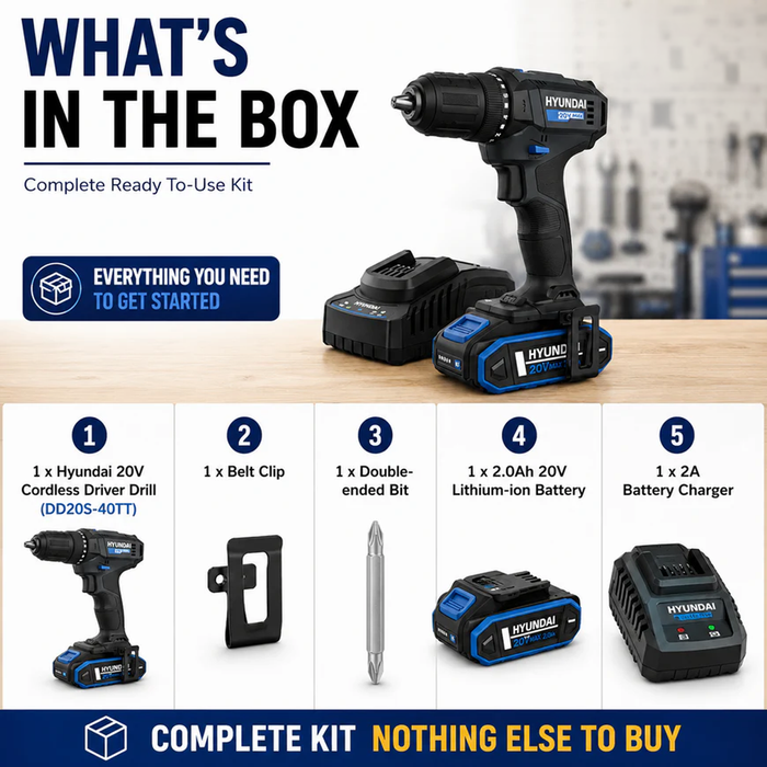 Hyundai 20V 40Nm Cordless Driver Drill, 2Ah Battery and Charger Kit, 2-Speed, LED Light, 13 mm Chuck