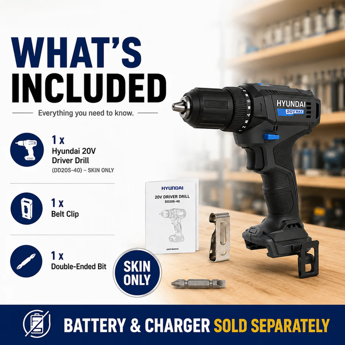 Hyundai 20V Cordless Driver Drill – 40Nm Torque, 2-Speed, LED Light, 13mm Chuck - Skin Only
