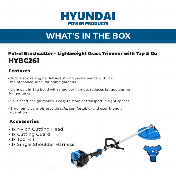 Hyundai 26cc 2-Stroke Petrol Brushcutter – Lightweight Grass Trimmer with Tap & Go Head (HYBC261)