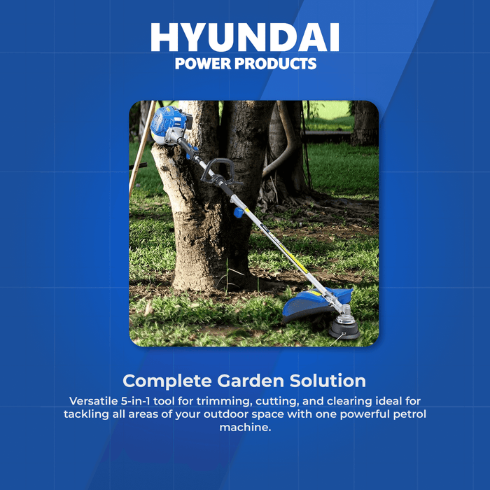 Hyundai 33cc 5-in-1 Petrol Garden Tool Set – Hedge Trimmer, Chainsaw, Brush Cutter & More (HYMT331)