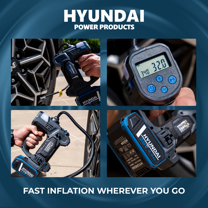 Hyundai 20V Cordless Tyre Inflator – Digital PSI Gauge, Auto Shutoff, Work Light & Emergency Beacon – SKIN ONLY (IF20S)