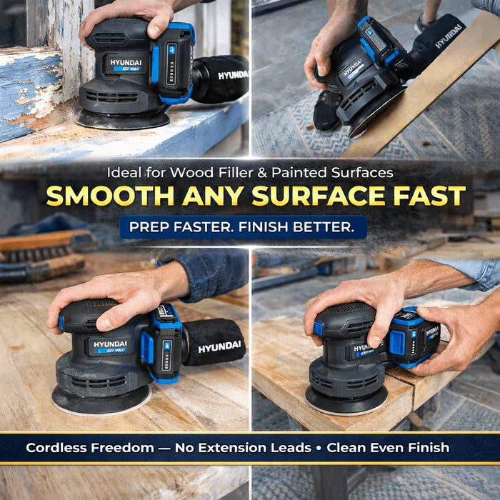 Hyundai 20V Cordless Orbital Sander – 5” Pad, Dust Collection, Variable Speed Control – Skin Only