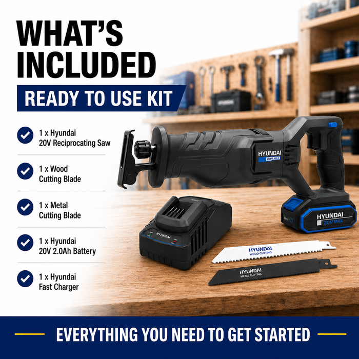 Hyundai 20V Cordless Reciprocating Saw Kit – 100mm Wood Cut, Tool-Free Blade Change, Variable Speed + 20V 2Ah Lithium-Ion Battery & Charger Kit