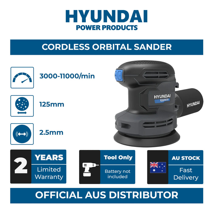 Hyundai 20V Cordless Orbital Sander – 5” Pad, Dust Collection, Variable Speed Control – Skin Only