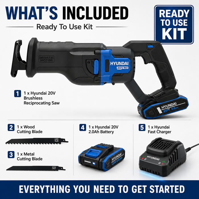 Hyundai 20V Brushless Reciprocating Saw Kit – 300mm Cutting Capacity, 2.0Ah Battery & Fast Charger Included – Cordless Demolition & Pruning Saw