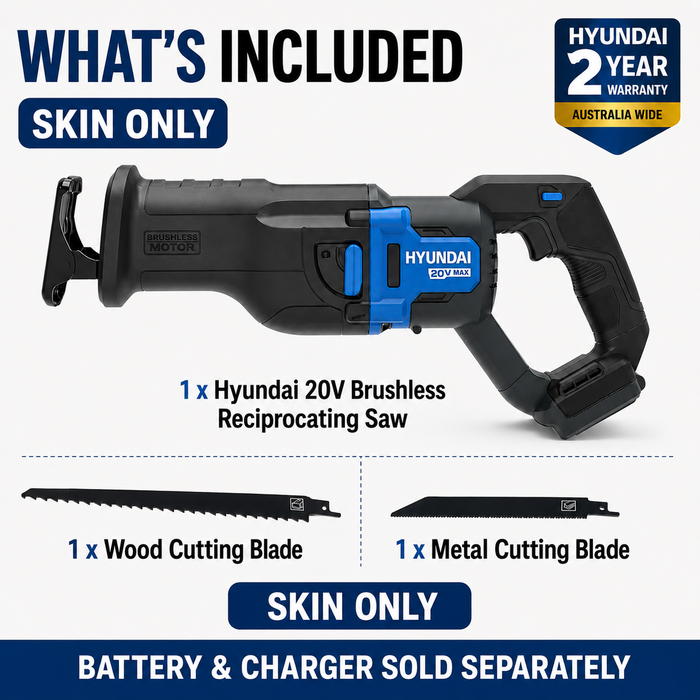 Hyundai 20V Brushless Reciprocating Saw – 300mm Cut, Tool-Free Blade Change - Skin Only