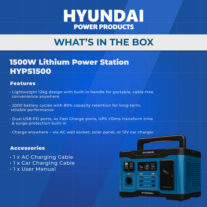 Hyundai 1500W Lithium Power Station – 1152Wh, LiFePO4, Solar/Car/USB Charging (HYPS1500)