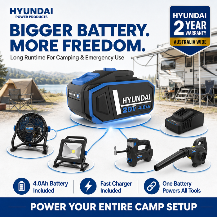 Hyundai 20V Outdoor Adventure Kit - Tyre Inflator, Blower, Fan & LED Work Light + 4Amp Battery and Charger - Outdoor Adventure Kit