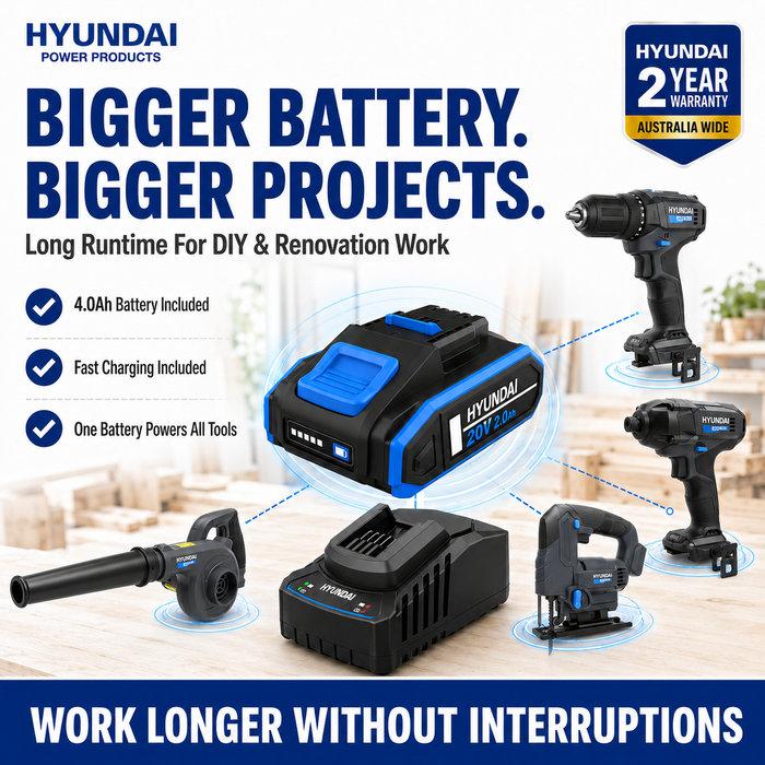 Hyundai 20V Ultimate DIY Combo Kit - Hammer Drill, Impact Driver, Jig Saw & Blower + 1 x 2Amp Battery and Charger = Home Renovation Kit