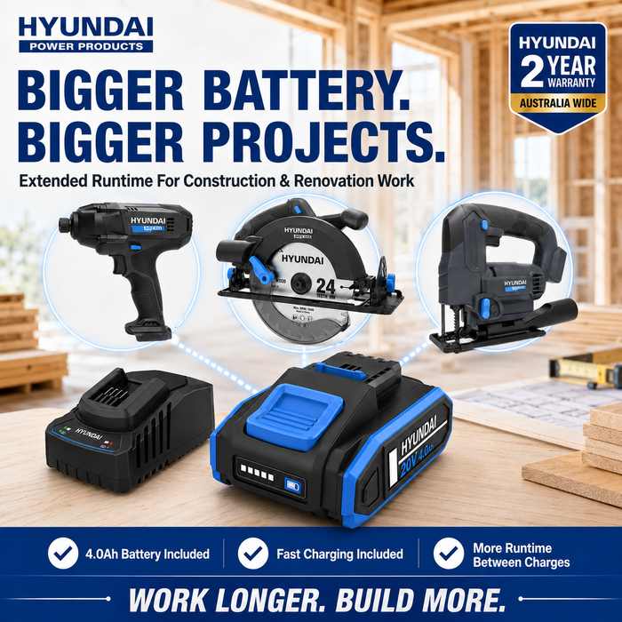 Hyundai 20V Construction & Carpentry Kit - Impact Driver, Circular Saw & Jig Saw + 4Amp Battery + Charger - Builder's Combo Kit