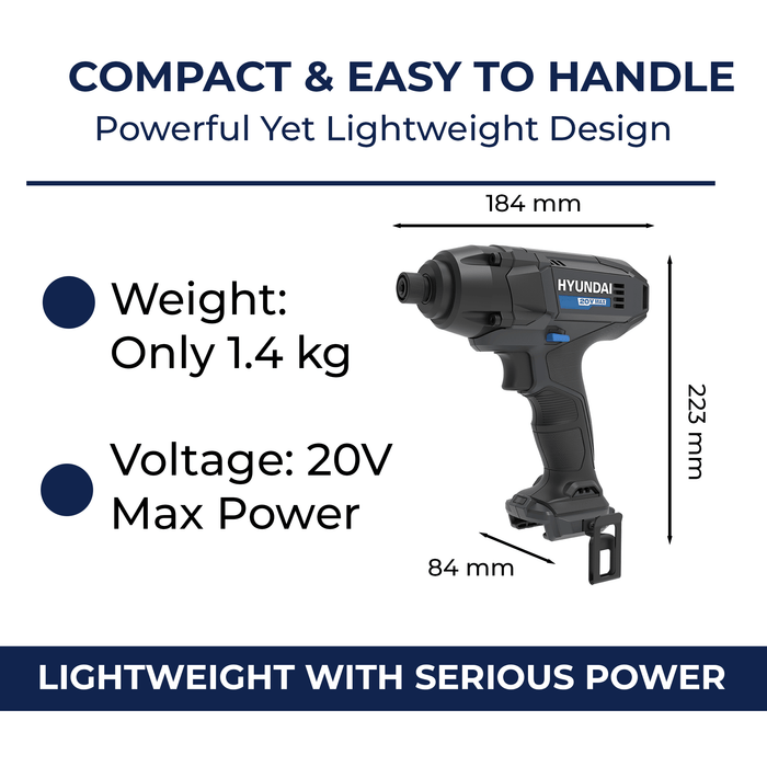 Hyundai 20V Cordless Impact Driver Kit – 180Nm Torque, LED, 2 x 2Ah Battery, 1 x Charger, 1 x Hard Case