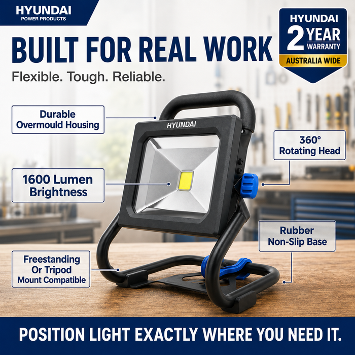Hyundai 20V LED Work Light – 1600 Lumen, 360° Head, Tripod Mountable, 3-Mode Brightness - Skin Only