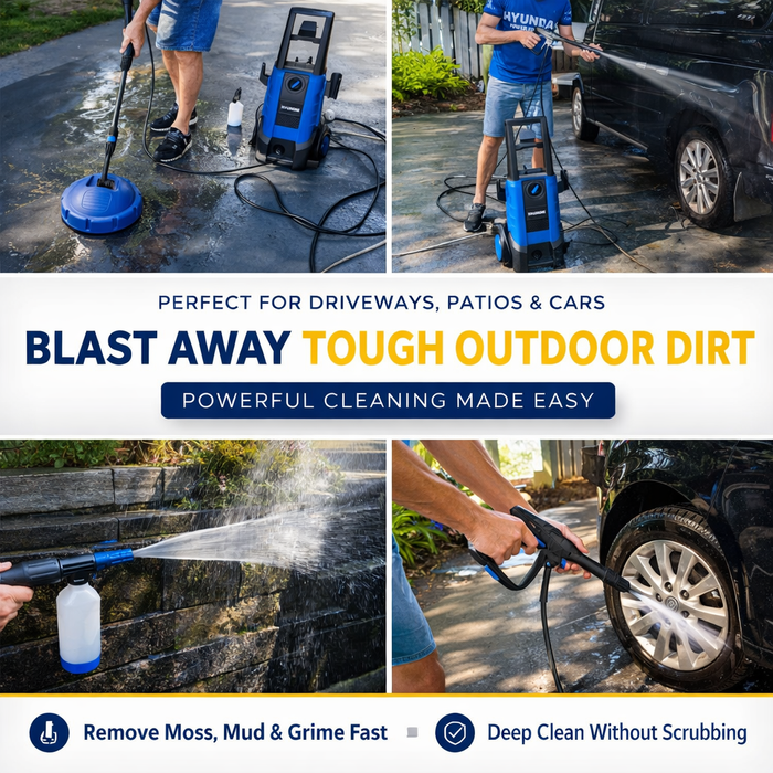 Hyundai 1958 PSI Electric Pressure Washer – 1800W Power Cleaner for Cars, Driveways & Patios, Turbo Nozzles + Patio Cleaner Kit