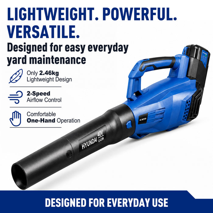 Hyundai 40V Cordless Leaf Blower Kit – 212km/h Power, Battery & Charger Included – Garden, Patio, Driveway & Gutter Cleanup