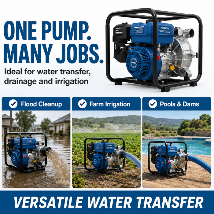 Hyundai  2″ Petrol Water & Trash Transfer Pump - farms, construction sites, irrigation systems, flooded areas, dams, pools, and more