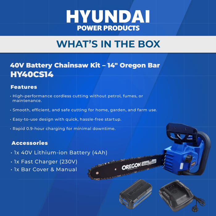Hyundai 40V Battery Chainsaw Starter Kit – 14" Oregon Bar, 4Ah Battery + Charger, Safe & Eco-Friendly (HY40CS14)