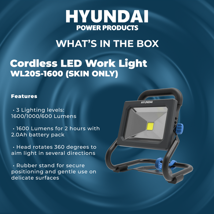 Hyundai 20V LED Work Light – 1600 Lumen, 360° Head, Tripod Mountable, 3-Mode Brightness - SKIN ONLY (WL20S-1600)