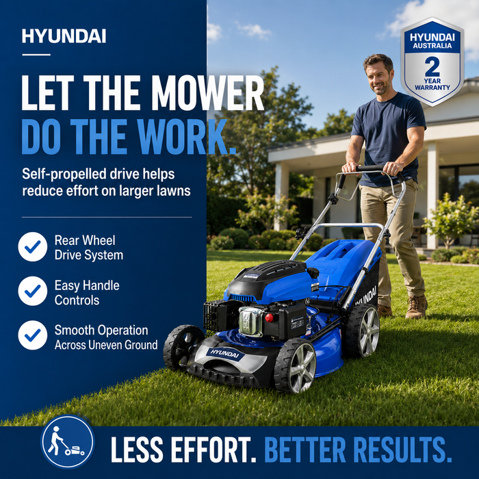 Hyundai 21" Petrol Lawn Mower - Self-Propelled,196cc Engine, Steel Deck, Easy Start, OPC Safety