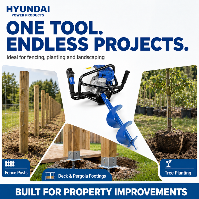 Hyundai 52cc Petrol Earth Auger – 3 Drill Bits, Anti-Vibration Handle, 2-Stroke Engine