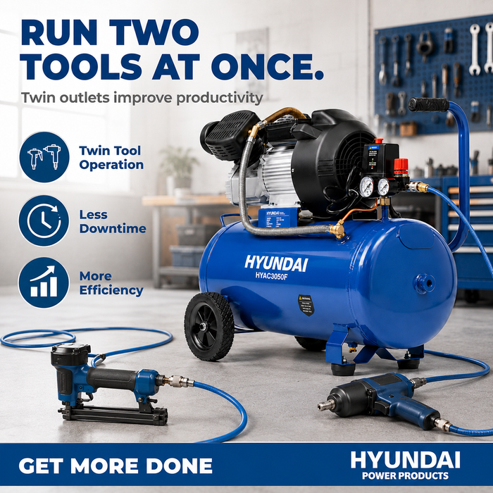 Hyundai 3HP 50L Portable Air Compressor – Direct Drive, Twin Outlet, 12.6CFM, Oil-Lubricated