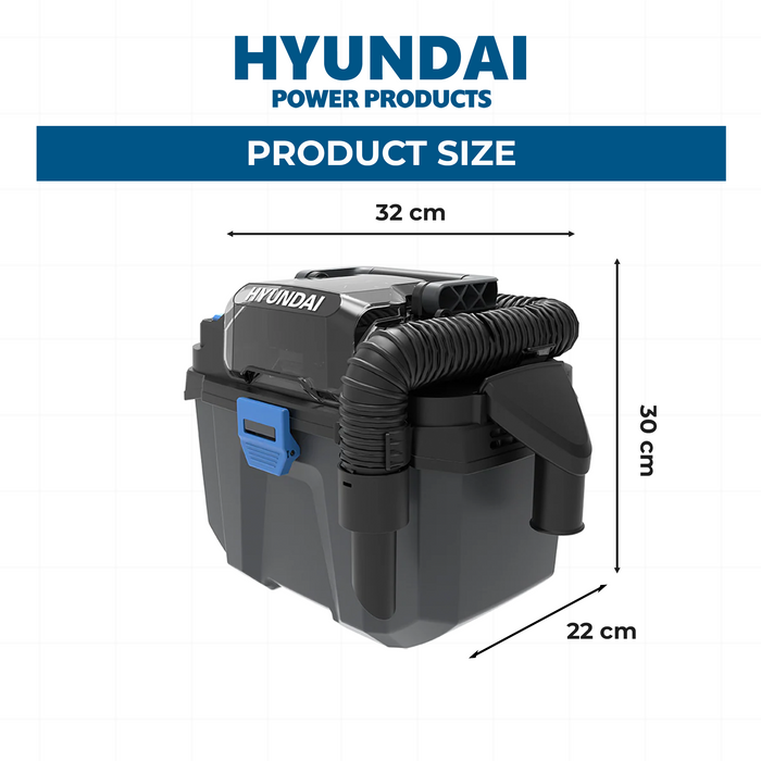 Hyundai 20V Cordless Wet & Dry Vacuum Blower – 10L Tank, HEPA, Compact Toolbox Design – SKIN ONLY (DE20S)