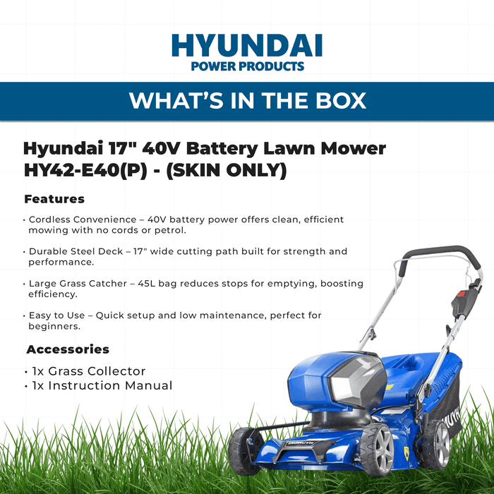 Hyundai 17" 40V Battery Lawn Mower – Steel Deck, 6-Stage Height Adjust, 45L Catcher, Lightweight & Durable - SKIN ONLY (HY42-E40(P))