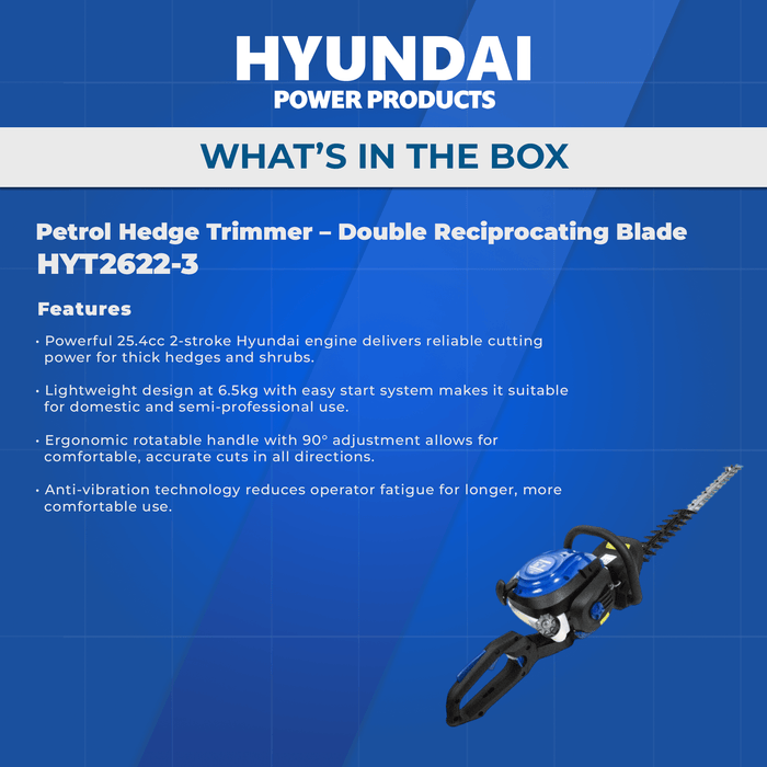 Hyundai 25.4cc Petrol Hedge Trimmer – Double Reciprocating Blade, Rotatable Handle, Easy Start (HYT2622-3)