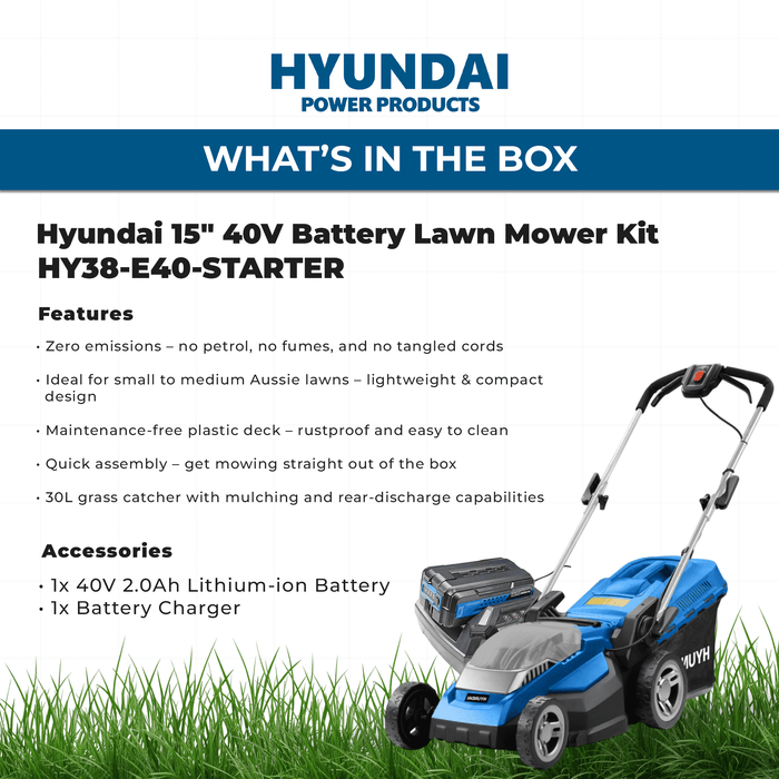 Hyundai 15" 40V Battery Lawn Mower Kit – Push Mower + 2.0Ah Battery & Charger (HY38-E40-STARTER)