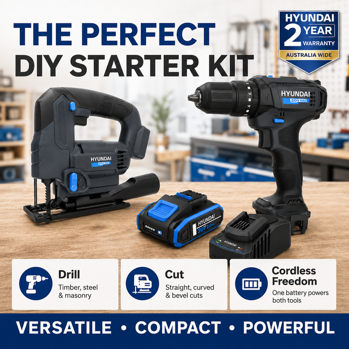 Hyundai 20V Home DIY Starter Kit – Hammer Drill, Jigsaw, 2.0Ah Battery & Fast Charger – Complete Cordless Renovation Kit