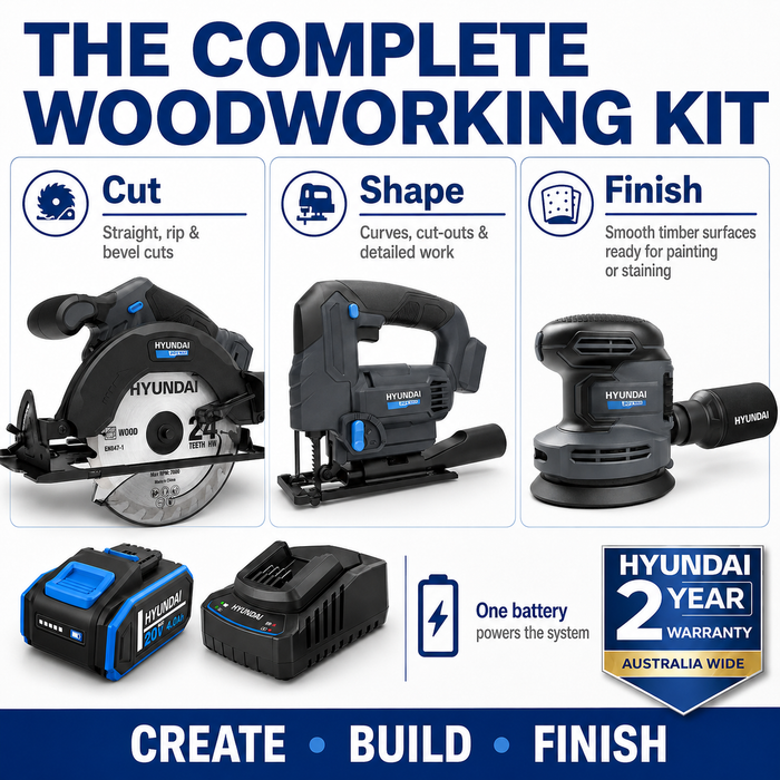 Hyundai 20V Woodworking Kit – Circular Saw, Jigsaw, Orbital Sander, 4.0Ah Battery & Fast Charger – Complete Cordless Carpentry Kit