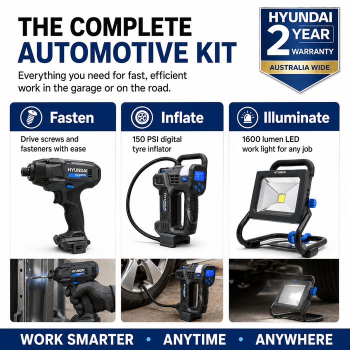 Hyundai 20V Automotive Workshop Kit – Impact Driver, Tyre Inflator, LED Work Light, 4.0Ah Battery & Fast Charger – Complete Garage Kit