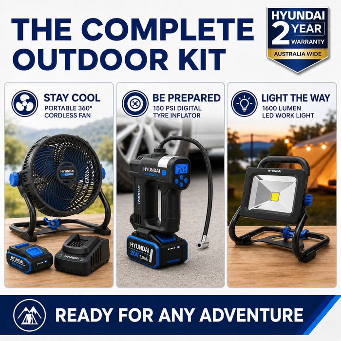 Hyundai 20V Outdoor Power Kit – Fan, LED Work Light, Tyre Inflator, 2.0Ah Battery & Fast Charger – Portable Outdoor Power Kit