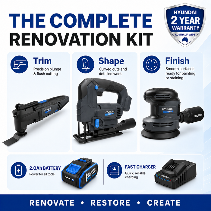 Hyundai 20V Renovation Kit – Multi Tool, Jigsaw, Orbital Sander, 2.0Ah Battery & Fast Charger – Complete Home Renovation Kit