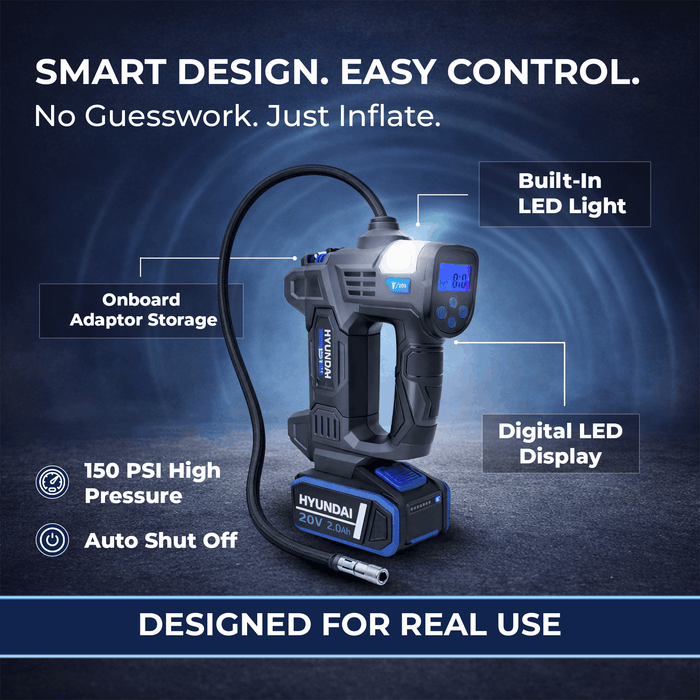 Hyundai 20V Cordless Tyre Inflator Kit – 150 PSI Portable Air Compressor + 2.0Ah Battery & Fast Charger | Car, Bike, 4WD, Camping & Emergency Tyre Pump (IF20S / B120-2 / C202-2)