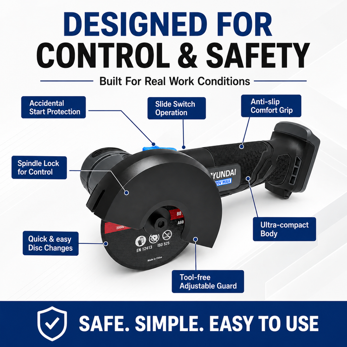 Hyundai 20V Mini Angle Grinder – 19500rpm, 76mm Disc, Tool-Free Guard - Skin Only