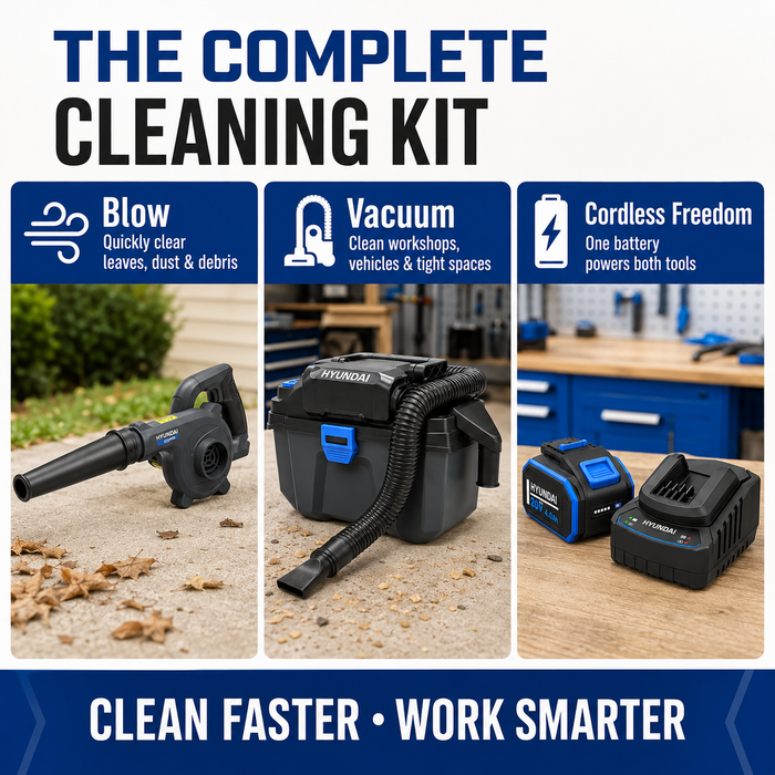 Hyundai 20V Outdoor Cleaning Kit – Workshop Blower, Vacuum, 2.0Ah Battery & Fast Charger – Cordless Garage & Workshop Cleaning Kit