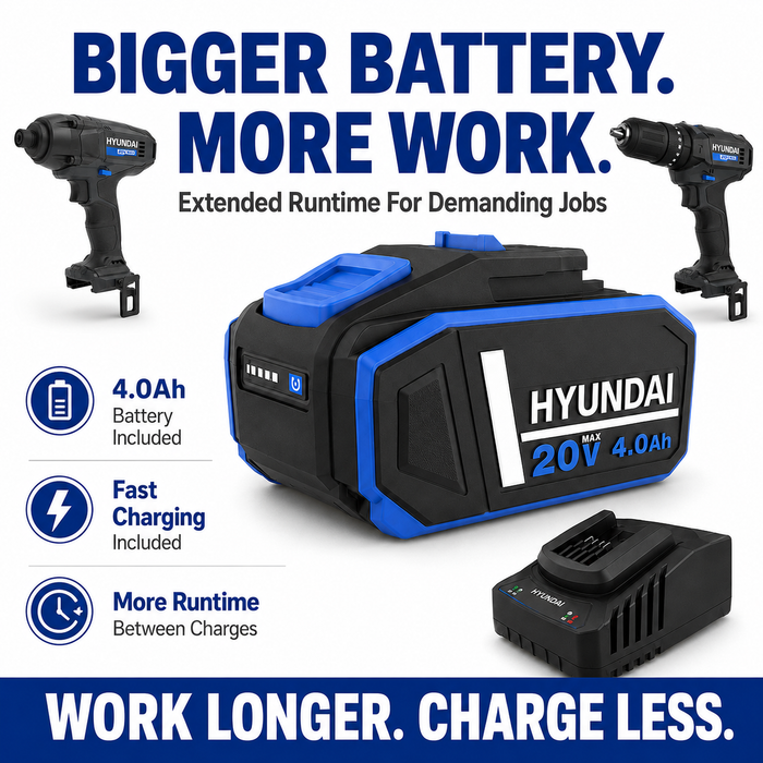 Hyundai 20V Mechanic's Combo Kit - Hammer Drill & Impact Wrench + 4.0Ah Battery & Fast Charger