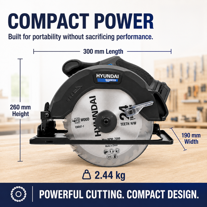 Hyundai 20V Cordless Circular Saw – 165mm Blade, Bevel Cuts, Dust Port – Skin Only