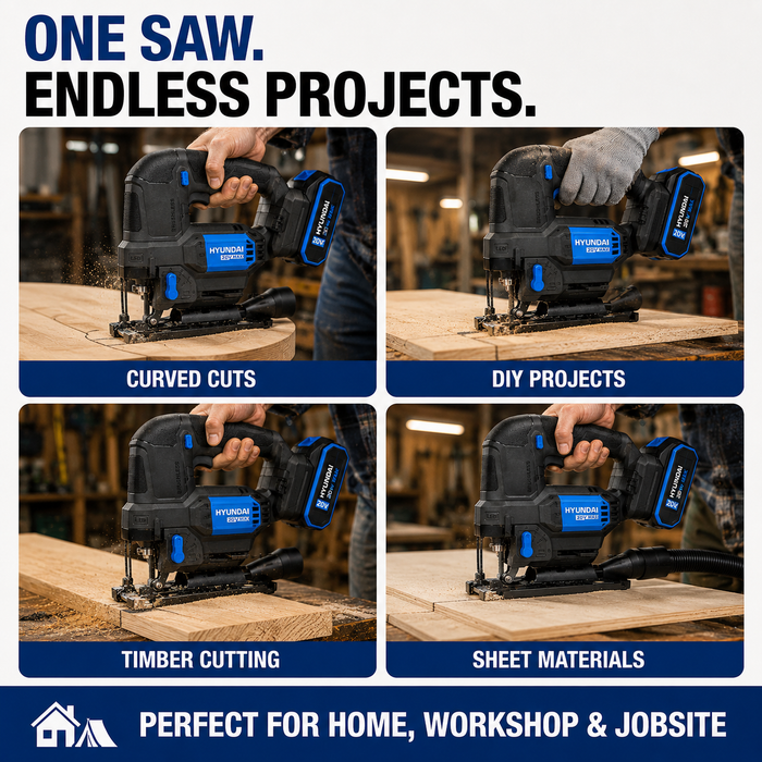 Hyundai 20V Brushless Jig Saw Kit – Adjustable Base, 4-Stage Pendulum, LED, Variable Speed + 20V 2Ah Lithium-Ion Battery & Charger Kit