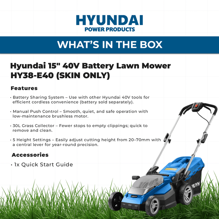 Hyundai 15" 40V Battery Lawn Mower – Plastic Deck - SKIN ONLY (HY38-E40)