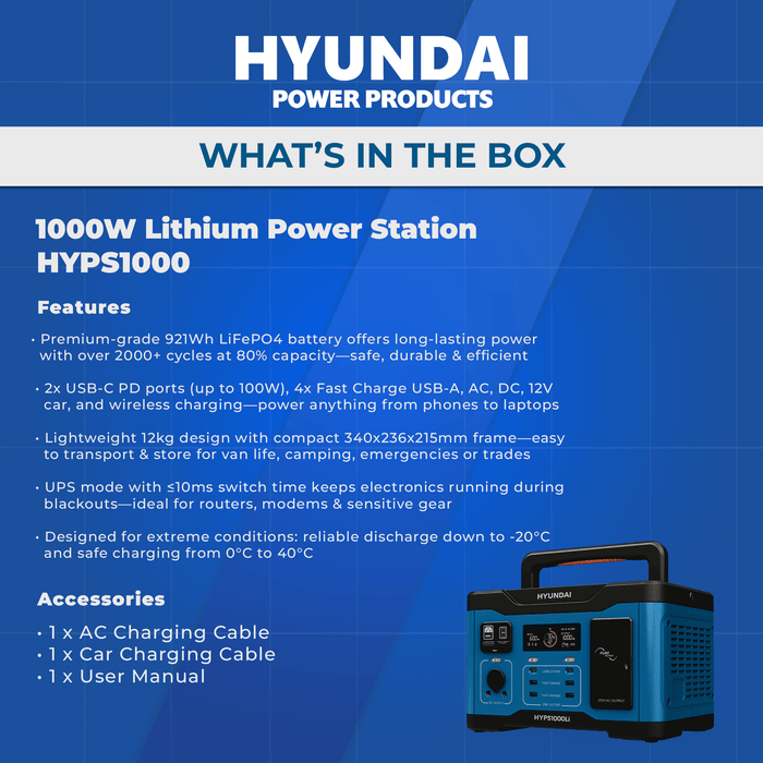 Hyundai 1000W Lithium Power Station – LiFePO4, Solar Input, 921Wh Backup & Outdoor Power (HYPS1000)