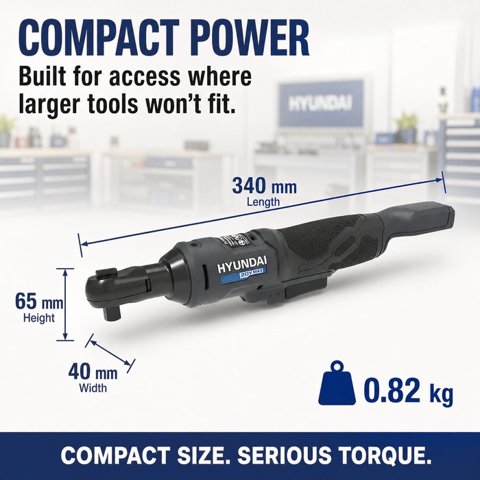 Hyundai 20V Cordless Ratchet Wrench Kit – 47Nm, LED, Compact Head, FWD/REV Switch + 20V 2Ah Lithium-Ion Battery & Charger Kit