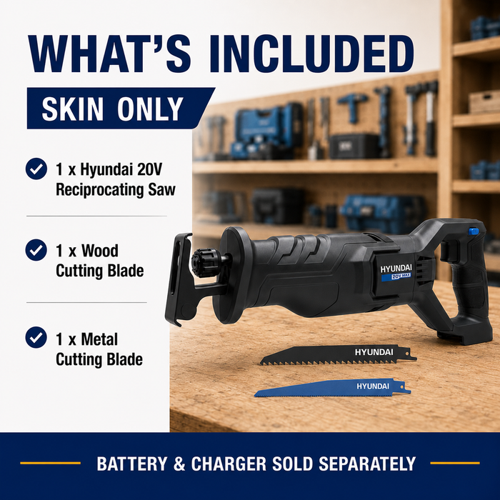 Hyundai 20V Cordless Reciprocating Saw – 100mm Wood Cut, Tool-Free Blade Change, Variable Speed - Skin Only