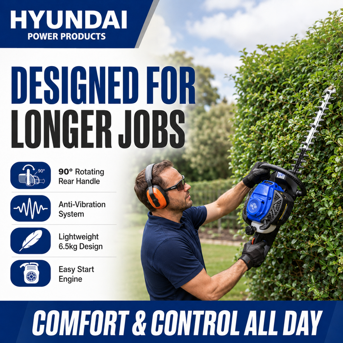 Hyundai 25.4cc Petrol Hedge Trimmer – Double Reciprocating Blade, Rotatable Handle, Easy Start