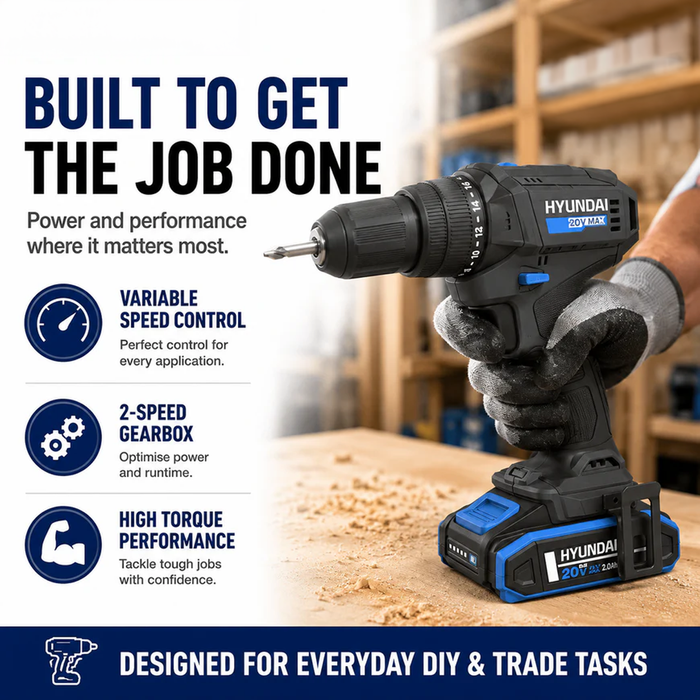 Hyundai 20V 40Nm Cordless Driver Drill, 2Ah Battery and Charger Kit, 2-Speed, LED Light, 13 mm Chuck